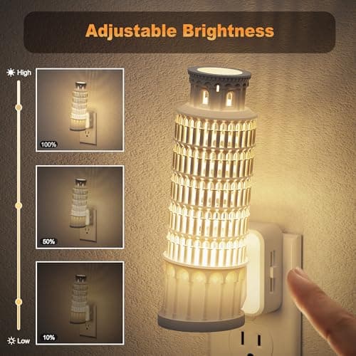 JandCase Night Lights Plug into Wall,3D Printed Leaning Tower of Pisa Night Light,3000K Plug in Nightlight with Dusk to Dawn Sensor,0-100LM Adjustable Brightness for Rooms Bathroom Hallway - Thumbnail 2