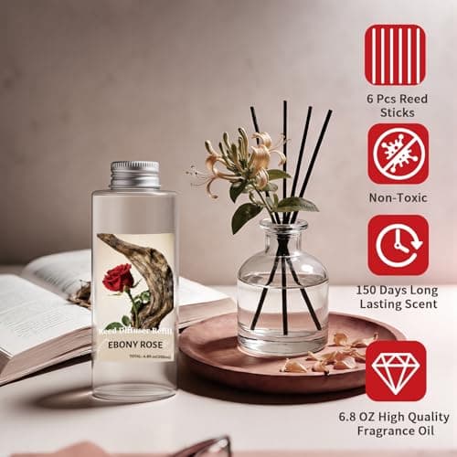 STRN Reed Diffuser Oil Refill, Ebony Rose Scented Diffuser Oil Refills with 6 Reed Sticks 200ML(6.8fl.oz), Room Fresheners for Home, Long-Lasting Summer Fragrance for Living Room, Bedroom, Office - Thumbnail 3