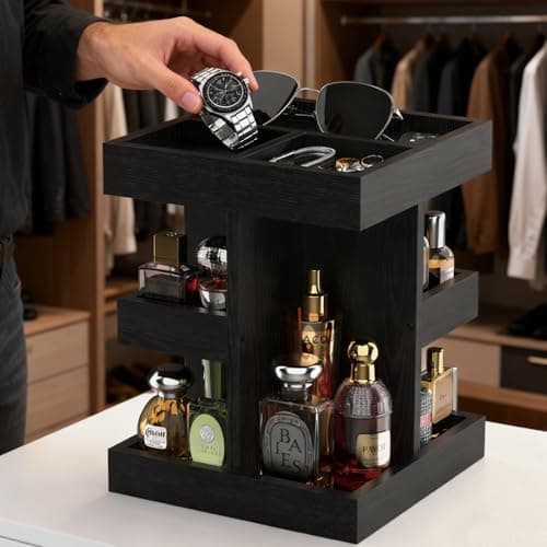VLXXOI Cologne Organizer for Men Rotating Bathroom Counter Organizer, 3-Tier Solid Wood Storage Caddy, 360-Degree Rotating Stand, Burlywood (Black) - Thumbnail 6