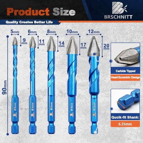 BRSCHNITT Head Eccentric Drill Bit 3/16",1/4"*4,5/16"*2,3/8"*2,1/2"- Carbide Tipped Drill bit Masonry Drill Bit Sets for Porcelain Ceramic Tiles Glass Hard Plastic Cement/Granite etc - Thumbnail 2