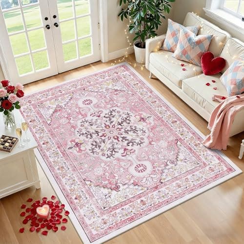 U'Artlines Pink Area Rug 5x7 Boho Washable Soft Carpet for Living Room Bedroom Dining Room Office Indoor Rugs for Home Decor - Thumbnail 3