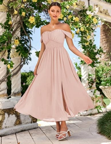 GRACE KARIN Summer Pink Apricot Dress for Women 2026,Off the Shoulder Smocked Bridesmaid Dresses,Formal Baby Shower Maxi Dresses XXL - Thumbnail 2
