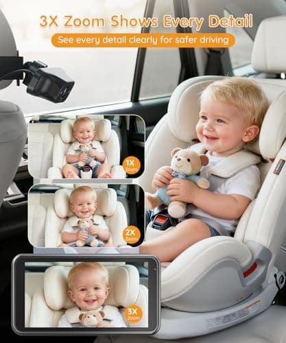 Babyvue BC1 Baby Car Camera, 4.5" 1080P HD Screen & 3X Zoom, AUTO IR Night Vision Car Baby Monitor with Adjustable Brightness, 2-Min Easy Install Car Seat Camera for Babies & Pets to Drive Safely - Thumbnail 4