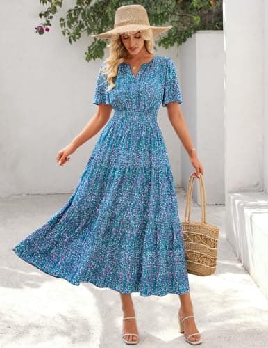 MEROKEETY Women's Spring Summer Floral Maxi Dresses 2026 Casual Beach Vacation Boho V Neck Short Sleeve Midi Dress Pockets, Bluegreen, Medium - Thumbnail 2