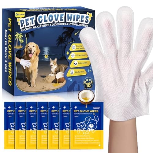 GIXSEGIE Pet Glove Wipes for Dogs and Cats, Deodorizing Cleaning Gloves, Hypoallergenic Coconut Oil Grooming Wipes, Individually Wrapped, for Pet Dry Cleaning, Daily Care and Travel, 18 Pcs