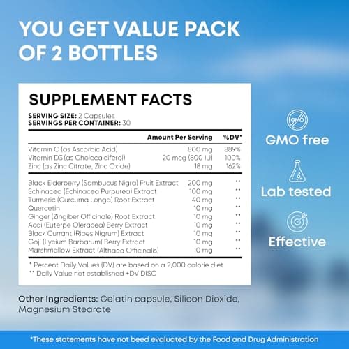 12 in 1 Immune Support Supplement - Immune Defense Vitamins w/VIT D3, Vitamin С, Zinс, Echinacea, Elderberry, Ginger &More - Natural Immunity System Booster - Immune & Muscle Health 120cs - Thumbnail 6