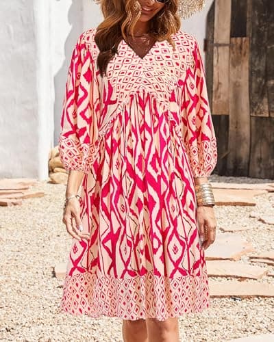BTFBM Womens Summer Dresses 2026 Casual V Neck 3/4 Long Sleeve Ruffle Floral Flowy Boho Babydoll Mini Spring Beach Dress(Print Rose Red, Small) - Thumbnail 2