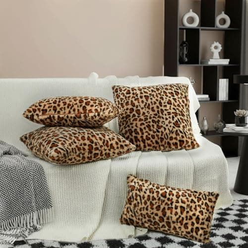 PRRPRR Leopard Throw Pillow Covers 18x18 Set of 2, Soft Faux Fur Cheetah Pillow Covers, Fluffy Decorative Cushion Covers with Hidden Zipper for Couch Sofa Bedroom Living Room Home Decor & Farmhouse - Thumbnail 5
