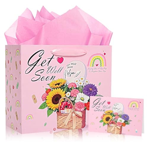 NIUBEHOHO Get Well Soon Gift Bag - Large Pink Flowers Gift Bag for Women Men with Wrapping Tissue Paper Self Care Card After Surgery Encouragement Cheer up Inspirational Gifts for Sick Friend - Image 1