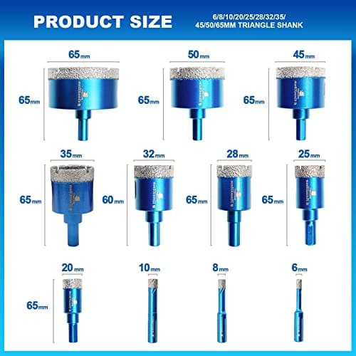 Diamond Core Drill Bit Set - BRSCHNITT Hole Saw Kit for Porcelain Tile Ceramic Marble Granite Drilling, 11pcs Bits with Triangle Shank（6/8/10/20/25/28/32/35/45/50/65mm）, KIT3, BDB54911405R103 - Thumbnail 2