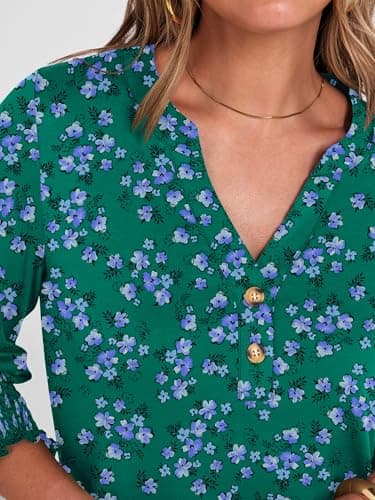 ANRABESS Women's 3/4 Sleeve Henley Blouse, Soft V Neck Top for Dressy Casual, Work & Business Office Wear Green Purple Floral XX-Large - Thumbnail 2