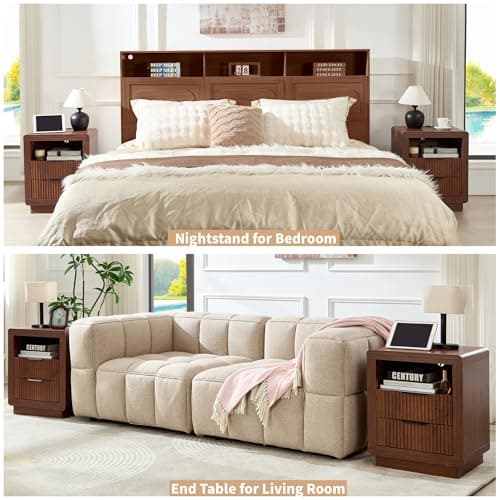 YANSNWO Walnut Nightstand with Charging Station, 23.6" H Modern Bedside Table with Thickened Curved Profile Design, End Table with 2 Drawers for Bedroom - Thumbnail 6