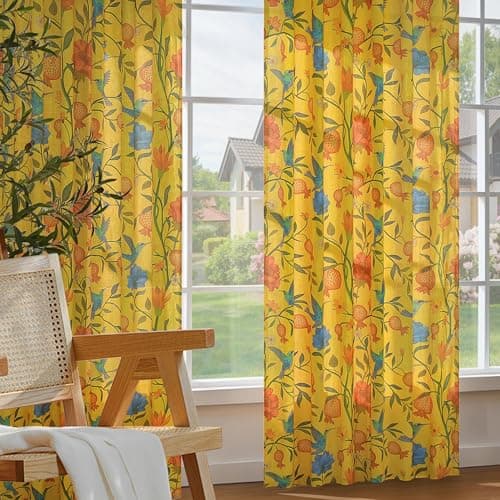 JOOJA Mustard Yellow Floral Linen Curtains, Boho Whimsical Bird Print Curtains for Bedroom Window Colorful Patterned Sheer Curtains for Living Room Kitchen 2 Panels 84 Inches Long - Thumbnail 6