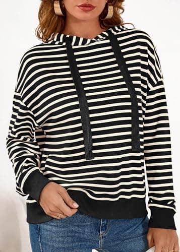 KIRUNDO Sweatshirt For Women Casual Loose Striped Long Sleeve Drawstring Hoodie Pullover Hooded Tops Fashion Clothing(Black, XX-Large) - Thumbnail 4