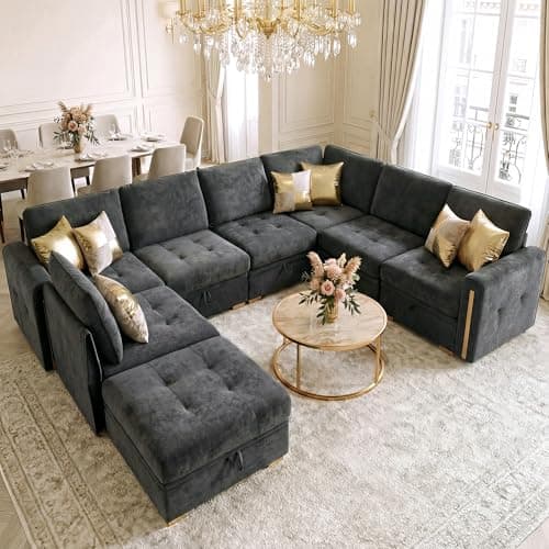 smilesun Oversized Modular Chenille 8-Seater Sectional Sofa with Storage, Convertible Comfy Extra Deep & Wide Seat Couch with Gold Metal Accents & Legs for Living Room (Grey) - Thumbnail 3