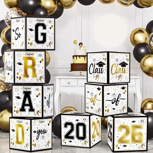 OHOME 8 Pack Graduation Decorations 2026 - Black Gold Balloon Boxes for Class of 2026 Party Favors Supplies - Graduation Party Decorations 2026 Yard Signs Banner Backdrop Decor (Black) - Image 1