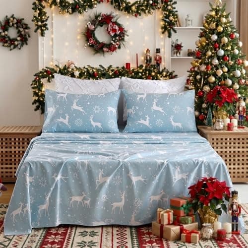 CAROMIO Christmas Bed Sheets King, Soft Brushed Microfiber Bed Sheet Set, 16 Inches Deep Pocket Fitted Sheet Winter Holiday Sheets Set (Blue, King) - Thumbnail 2