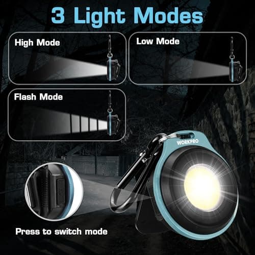 WORKPRO COB Keychain Work Light, Rechargeable Magnetic EDC Keychain Flashlight, Mini Pocket Carabiner Flashlight with Hat Clip, 3 Light Modes Emergency Light for Camping, Hiking and Fishing, Blue - Thumbnail 2