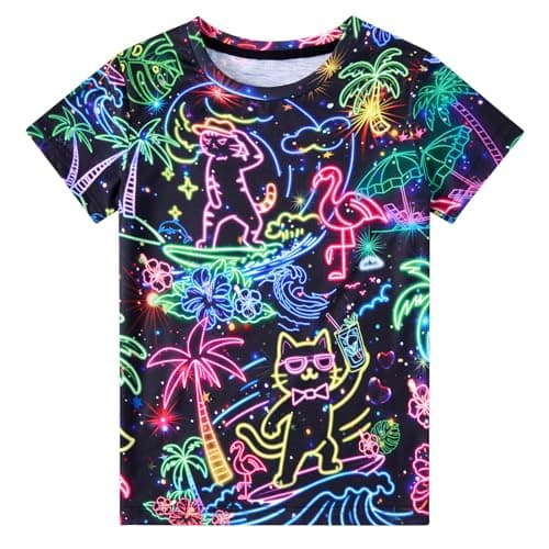 Funnycokid Youth Boys Shirts Size 14 16 Girls T-Shirts Neon Cat Hawaii Digital Print Clothes Tops Tees Graphic Short Sleeve Birthday Cool 15-16 Years - Image 1