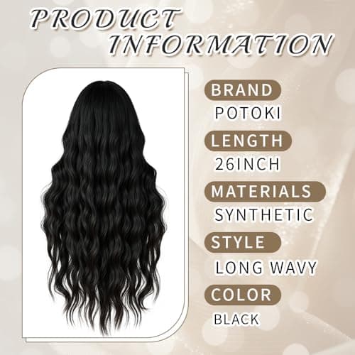 Potoki Long Wavy Black Wig With Bangs Synthetic Fiber Curly Wigs For Women 26 Inch Thick Soft Skin-Friendly Natural Looking Daily Use Heat Resistant Glueless Wig (Black) - Thumbnail 2