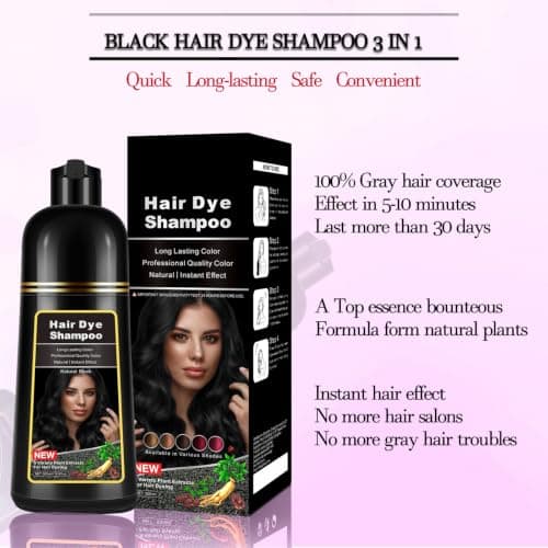Dark Black Hair Dye Shampoo Instant 3 in 1 for Gray Hair Coverage - Herbal Formula, Semi-Permanent Hair Color in 10 Minutes, Lasts 30 Days, 100% Grey Coverage Shampoo for Men & Women - Thumbnail 2