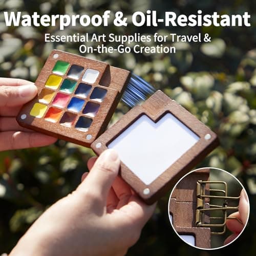 Mini Watercolor Paint Set, All-in-One 15-Color Walnut Wood Travel Kit with Crossbody Bag, Watercolor Journal, Metal Clip, Water Cup, Water Brush, Portable Pocket Art Set for Adult Art Lovers (Green) - Thumbnail 4