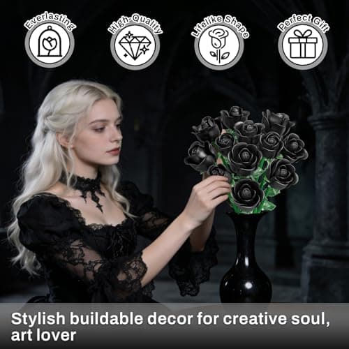 Black Rose Bouquet Building Set, 12Pcs Botanical Collection Gothic Decor - Thumbnail 2