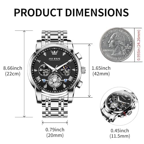 OLEVS Watch Men Luxury Dress Black Big Face Silver Stainless Steel Wrist Analog Quartz Watches for Men Waterproof Chronograph Luminous Moon Phase Cheap Mens Watches Relojes para Hombres - Thumbnail 2