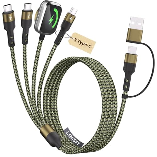 3 Type-C Ports 4 in 2 Multi Charging Cable for iWatch Charger/ iPhone17, 2026 Travel Cruise Essentials USB C Splitter, USBA/USBC Cable for iWatch Ultra/SE/11-2, iPhone17-15/S26/Car, More, 5FT Olive - Image 1