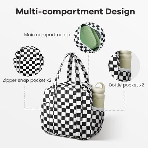 Yarnic Corduroy Lunch Bag Women Insulated, Large Lunch Box for Work with Bottle Pockets, Stylish Reusable Cooler Tote for Adults Teachers Picnic (black White Checkered) - Thumbnail 5