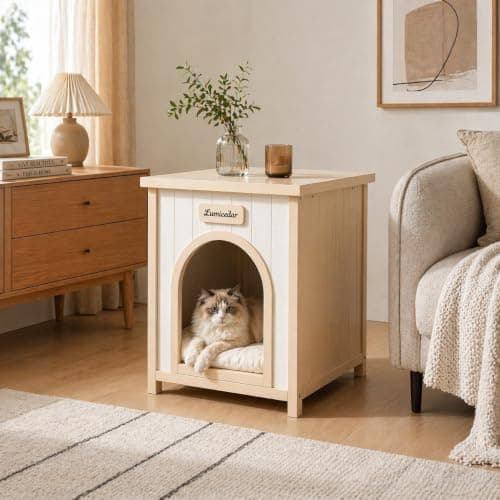 Lumicedar Indoor Dog House for Small Dogs, Solid Cedar Wood Dog House Indoor, Flat-Top Wooden Dog House, Arched Door & Soft Dog Bed, Dog House for Dogs & Cats (Natural, 20.3" D x 20.9" W x 23.6" H) - Thumbnail 5
