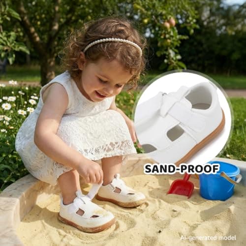STQ KIDS Toddler Wide Toe Box Girls Sandals Baby Flats Zero Drop with Hook and Loops Non-Slip Summer School Uniform Shoes White Toddler 9 - Thumbnail 3