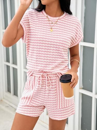Tankaneo Womens Striped Summer 2 Piece Short Sets Short Sleeve T Shirts Drawstring Shorts Casual Outfits Lounge Pajama Sets - Thumbnail 3