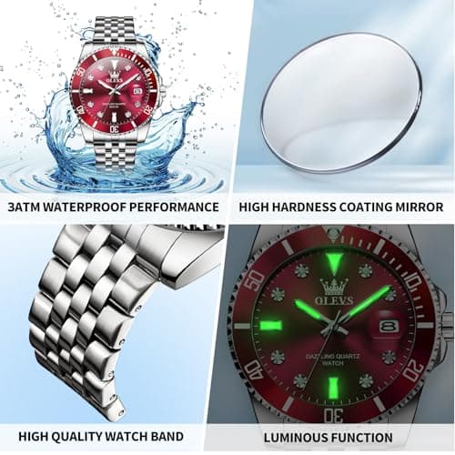 OLEVS Watch Men,Red Watches for Men,Silver Men's Watch Red Face,Mens Dress Watchs,Stainless Steel Watches for Man with Date,Style Surprise Gift for Him,Waterproof Male Wristwatch,Relojes para Hombres - Thumbnail 4