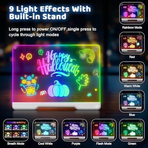 16-Inch Rechargeable LED Drawing Board, 9-Color Light Modes, Neon Art Dry Erase Light Up Doodle Glow Pad with Built-in Stand, Sketching Gift Toy for Kids/Girls/Teens, 7 Markers & Tracing Book - Thumbnail 4