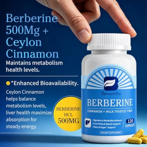 B BEWORTHS Berberine HCL Supplement - Berberine with Ceylon Cinnamon, NAC, Milk Thistle Metabolism & Liver Support | Liposomal Berberine with Turmeric, Choline for Cholesterol, Digestion Health - 120 - Thumbnail 3