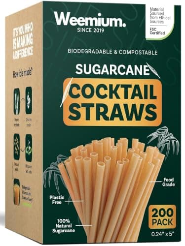 Weemium Sugarcane Cocktail Straws 5 Inch | Short Straws, 200 Count - Image 1