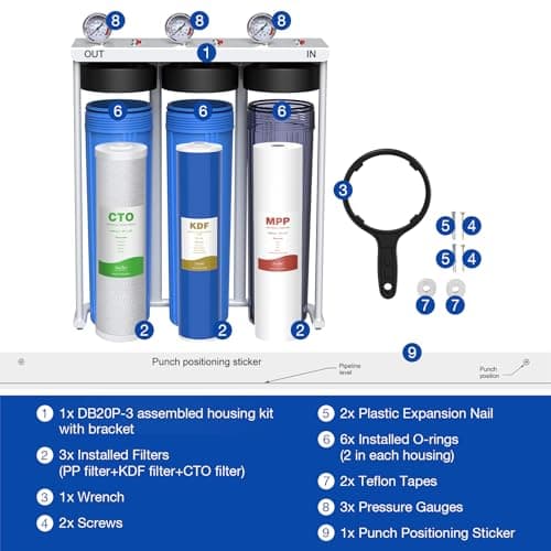 SimPure Whole House Water Filter System, 3 Stages Clear Home Water Pre-Filtration with Carbon Sediment and KDF Filters, Reduce Iron, Chlorine, Manganese...(DB20P-3KDF) - Thumbnail 6