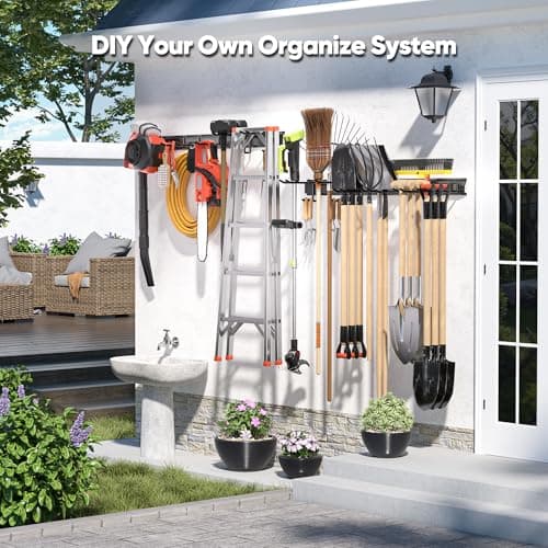 Garden Tool Organizer Wall Mount, 64 inches Tool Storage Rack with Adjustable Hooks, 600lbs Adjustable Heavy Duty Metal Hooks, Yard Shed Rack Holder System Hanging Rake Broom Mop Snowboard, Men Gift - Thumbnail 4