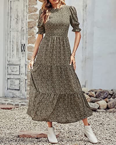 BTFBM Women Casual Summer Dresses 2026 Spring Crew Neck Ruffle Short Sleeve Smocked Floral Boho Flowy Maxi Dress Clothes(Floral Green, Medium) - Thumbnail 2