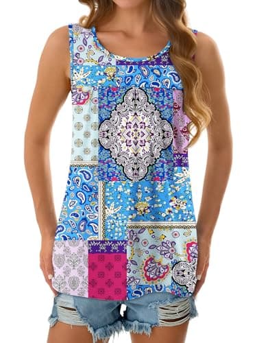 NORACORA Womens Summer Tank Tops Sleeveless T Shirt Casual Loose Fit Tunic Blouses Blue Blocks M - Thumbnail 5