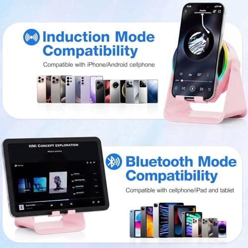 TARKARI Wireless Induction Speaker, 5 in 1 Bluetooth Speaker, 360 Rotation Cell Phone Stand and Colorful Ambient Light, Compatible with iPhone iPad Android Tablet, Gifts for Women - Thumbnail 5