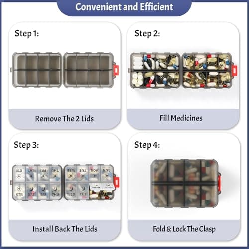 Foldable Weekly Pill Organizer 2 Times a Day with 2 Extra Compartments - Etched Label - Portable 7 Day AM PM Medicine Box, Week Daily Travel Pill Case Holder for Meds, Vitamin, Supplement, Clear Black - Thumbnail 5