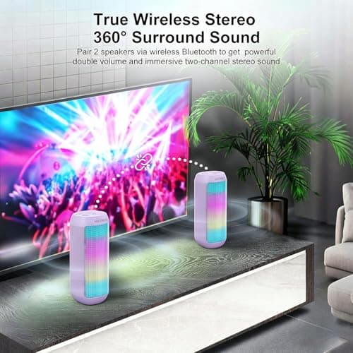 ANCOBER Bluetooth Speaker, Portable Wireless Speaker with HD Crystal Stereo Sound, LED Lights, IPX4 Waterproof, TWS Pairing, BT5.3, Electronics Gadget for Home/Party/Outdoor/Camping, Gifts (Lavender) - Thumbnail 4
