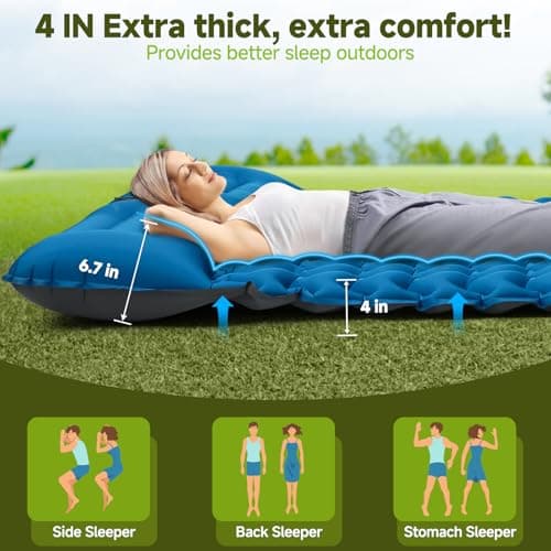 Double Camping Sleeping Pad, 4" Extra Thick 2 Person Inflatable Sleeping Pad with Built-in Foot Pump & Pillow, Ultralight Self Inflating Camping Mattress for Tent, Backpacking, Hiking, Travel, RV - Thumbnail 2