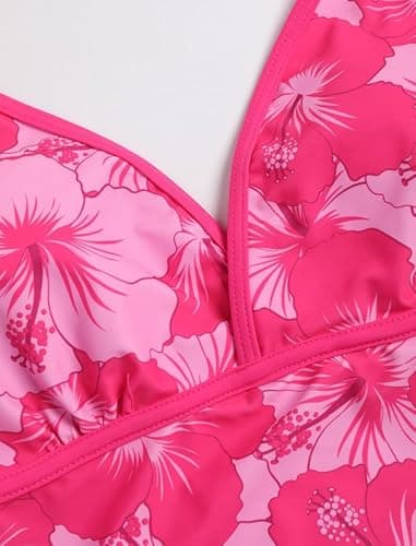 Jillumi Halter Tankini Swimsuits for Women Cute V Neck Cute Tie Side High Cut Bikini Swimsuits 2 Piece Bathing Suits Chic Tankini Set Rose Red Flower XL - Thumbnail 5