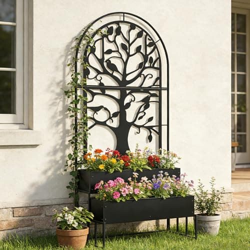 Arched Outdoor Planter Box with Trellis for Climbing Plants, 2 Tiers Metal Privacy Planters for Patio, Tall Raised Garden Bed with Legs, for Vegetables, Fruits, Balcony, 75.2 x 22 x 34.6 Inch, Black - Image 1