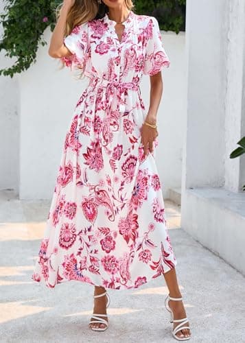 KIRUNDO Women Spring Summer Wedding Guest Boho Floral Maxi Dress Puff Sleeve Button Shirt V Neck Flowy Beach Vacation Dress(Floral White Rose Red, Medium) - Thumbnail 3