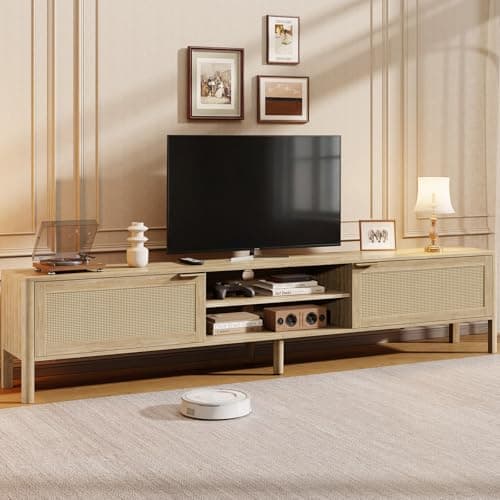 IKALIFE Rattan TV Stand for Living Room - Fits up to 80 Inch TVs, Rattan Media Console Table with Adjustable Shelves & 2 Storage Cabinets, Mid-Century Modern Entertainment Center, Oak 71" - Image 1