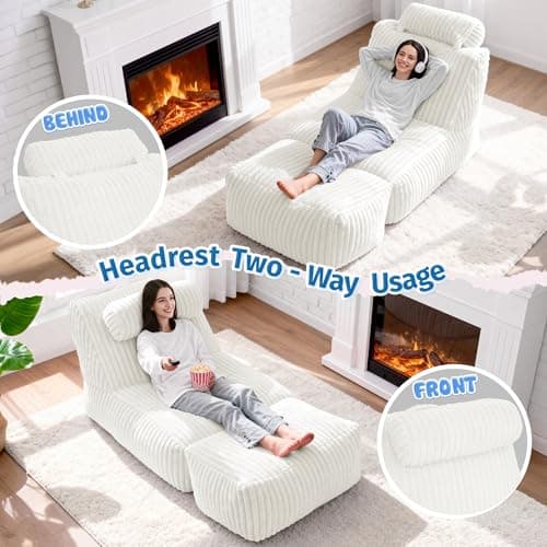 HABUTWAY Giant Bean Bag Chairs for Adults,Big Bean Bag Lounger with Removable Cover,Large BeanBag Chair with Ottoman&Storage Pocket,Memory Foam Filled Bean Bag Sofa for Living Room,Bedroom-Plush Beige - Thumbnail 3